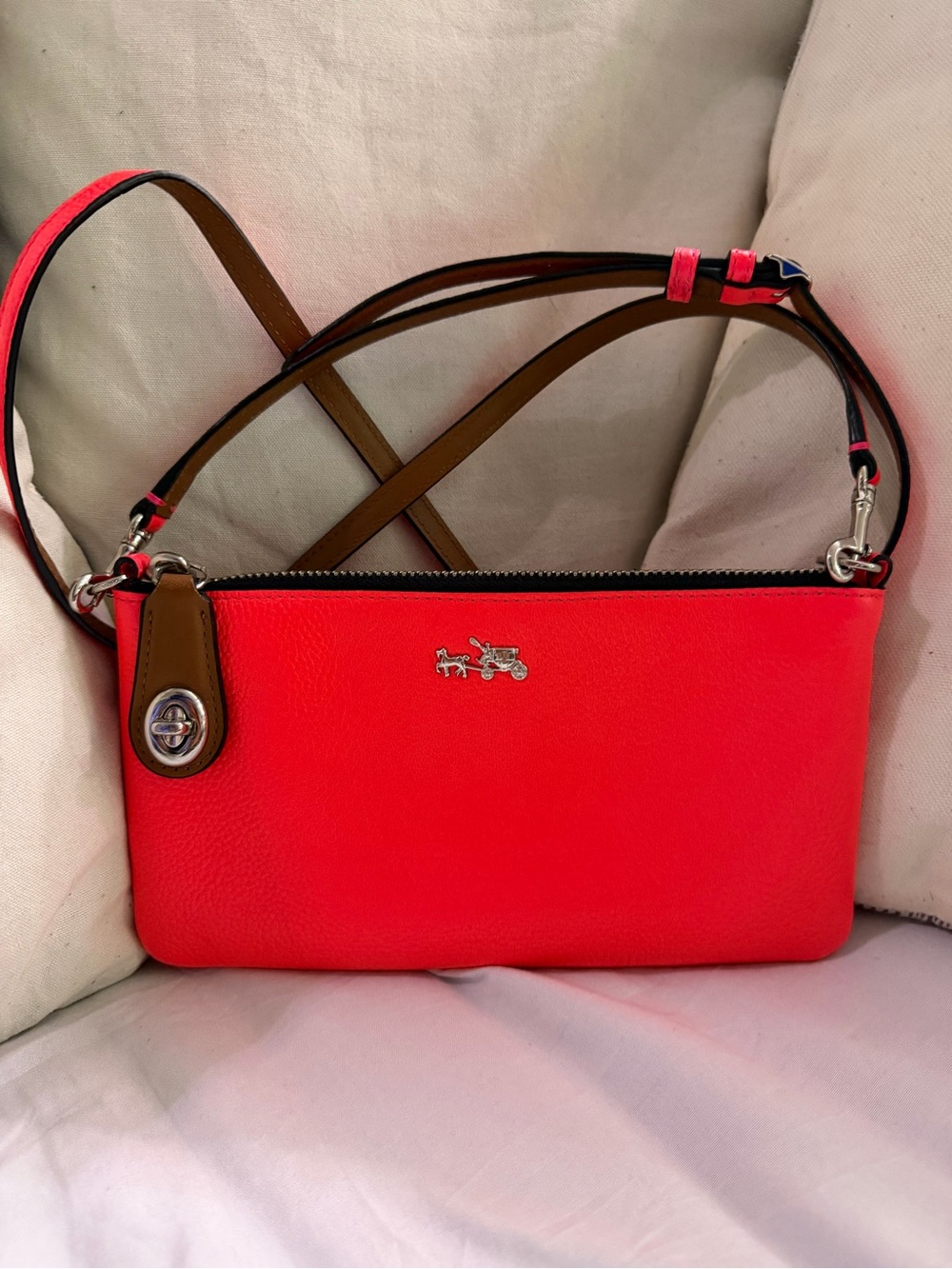 Coach Pebbled Leather Crossbody Bag in Bright Coral Red with Tan Strap